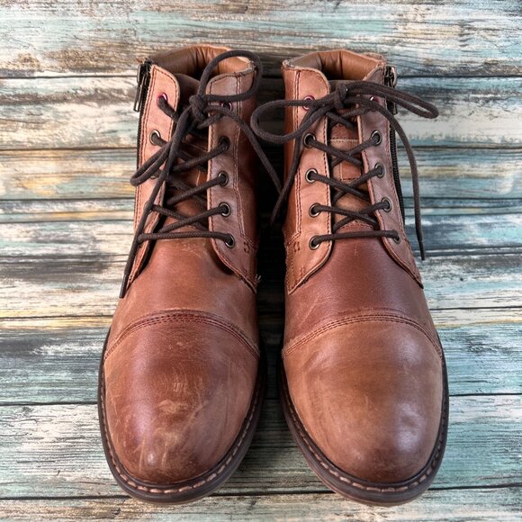 Skechers Ankle Boot Mens Sz 8.5 Brown Leather Zip Cap Toe Combat Moto Distressed - Picture 3 of 13